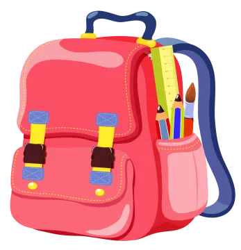 a pink backpack with school supplies on it