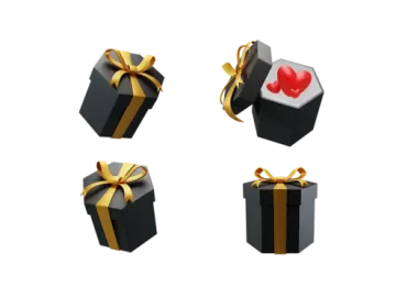 four black boxes with gold ribbons and a red heart