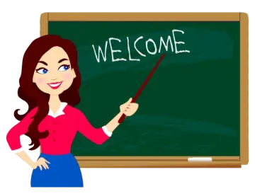 a woman standing in front of a blackboard with the word welcome