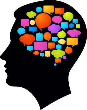 a silhouette of a man's head with speech bubbles