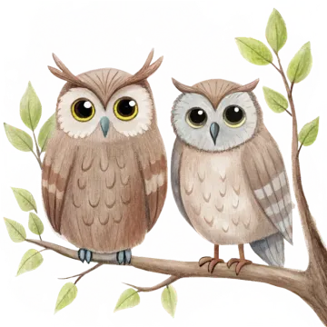 two owls sitting on a branch with green leaves