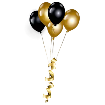 a bunch of black and gold balloons