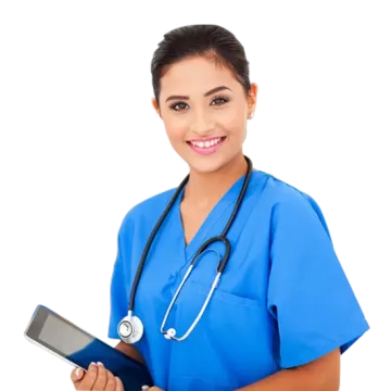 a smiling female doctor holding a clipboard