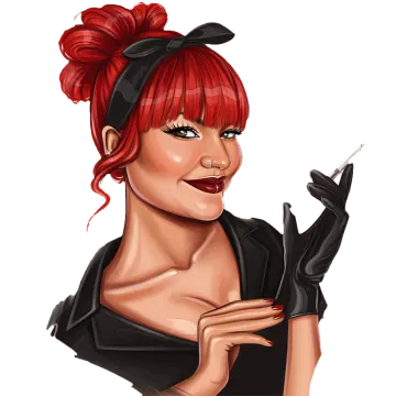 a woman with red hair and black gloves holding a cigarette