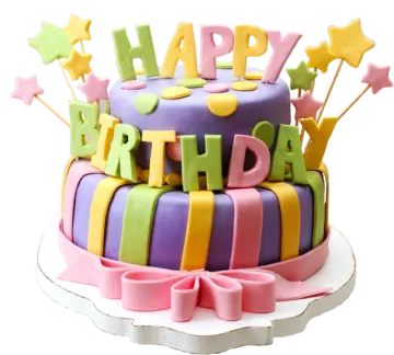 a birthday cake decorated with stars and ribbons