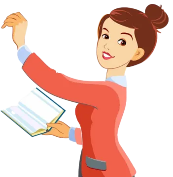 a woman holding a book and pointing at it