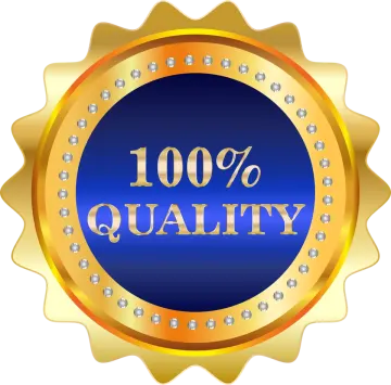 a blue and gold badge with the words 10 % quality