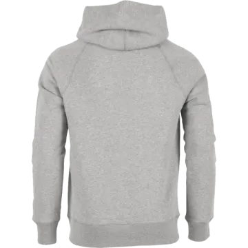 a grey sweatshirt with a hoodie on the back