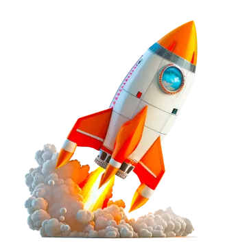 an orange and white rocket is flying through the clouds