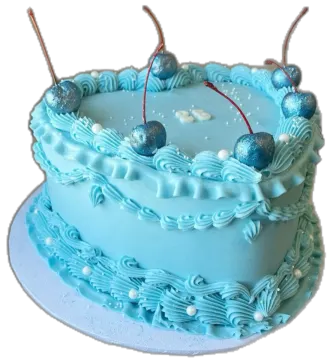a birthday cake with blue frosting and decorations