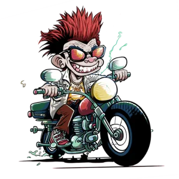 a cartoon character riding on a motorcycle