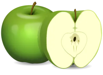 two green apples with one cut in half