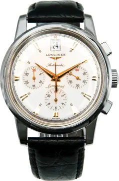 a watch with white dial and black leather strap