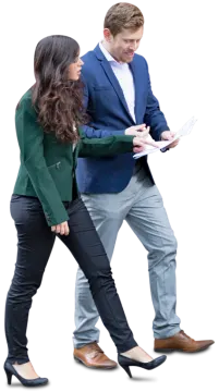 a man and woman in business attire walking together