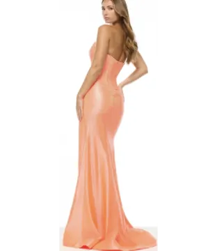 a woman in an orange evening gown