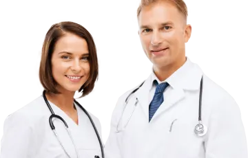 a man and woman in white lab coats