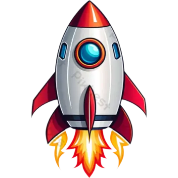 a cartoon rocket with blue eyes and a red tail