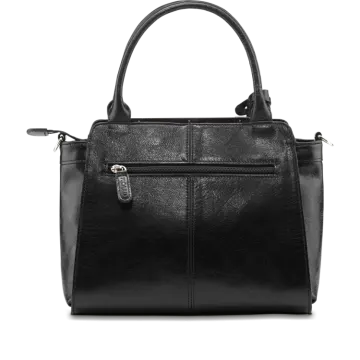 a black leather handbag on a white background