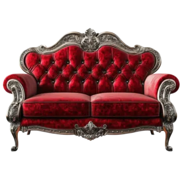a red and silver couch with ornate carvings on it