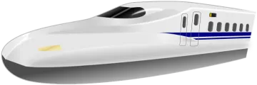 a white train with blue stripes
