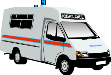 a white ambulance van with red and blue stripes