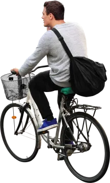 a man riding a bike with a bag on the back