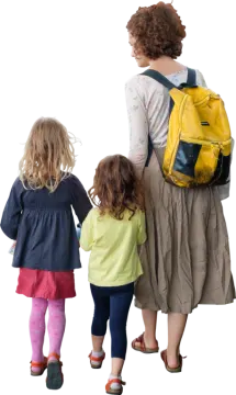 a woman and two young girls with backpacks