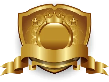 a golden shield with a crown and ribbon