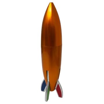 an orange rocket shaped object on a white background