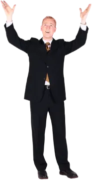 a man in a suit and tie with his hands up