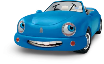 a blue toy car with a smiling face