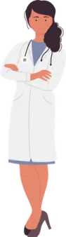 a woman in a white coat with her arms crossed