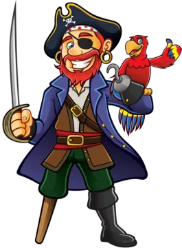 a pirate with a parrot on his shoulder