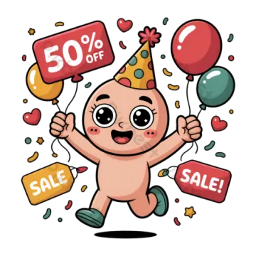 a cartoon character wearing a party hat and holding balloons