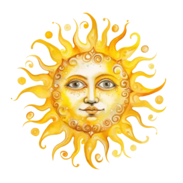 a watercolor drawing of a sun with a face