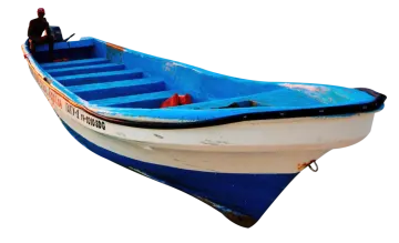 a blue and white boat