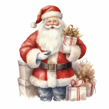 a watercolor painting of a santa holding a present