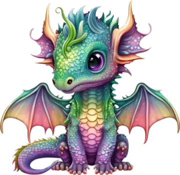 a green and purple dragon sitting on the ground