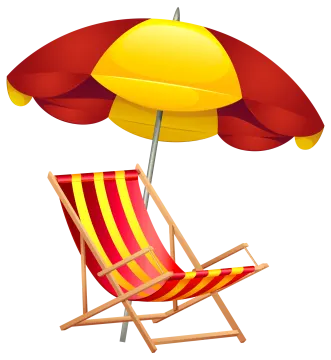 a red and yellow beach chair with an umbrella