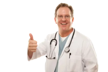 a man in a white lab coat giving a thumbs up