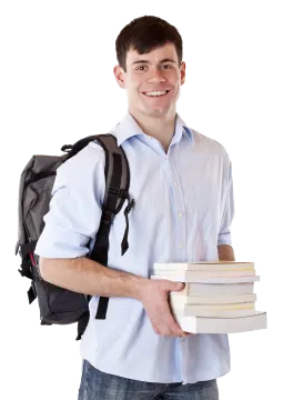 a young man holding a stack of books