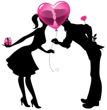 a silhouette of a couple kissing with a heart shaped balloon