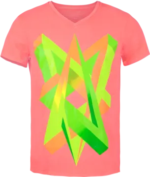 a pink t - shirt with green and orange geometric shapes