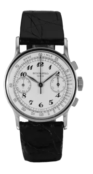 a white dial watch with black leather strap