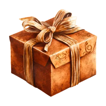 a brown gift box with a gold ribbon