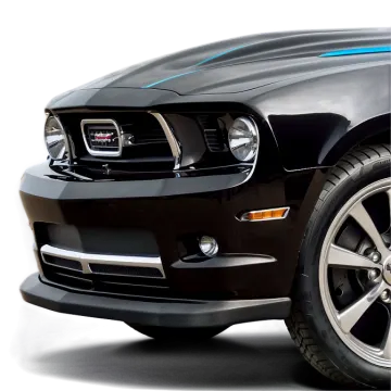 the front end of a black ford mustang