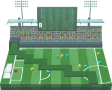 an illustration of a soccer field with a stadium in the background