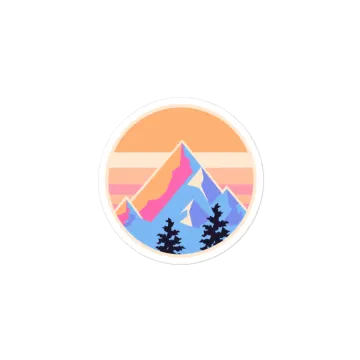 a sticker with mountains and trees in the background