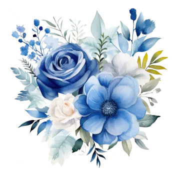 a watercolor painting of blue and white flowers