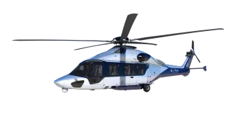 a blue and white helicopter flying through the air